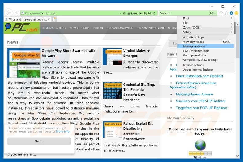 Removing Gstatic ads from Internet Explorer step 1