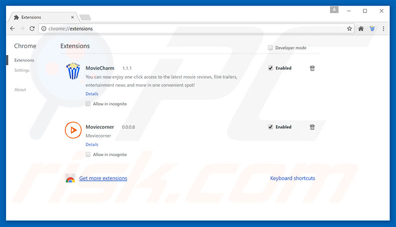 Removing moviecharm.com related Google Chrome extensions