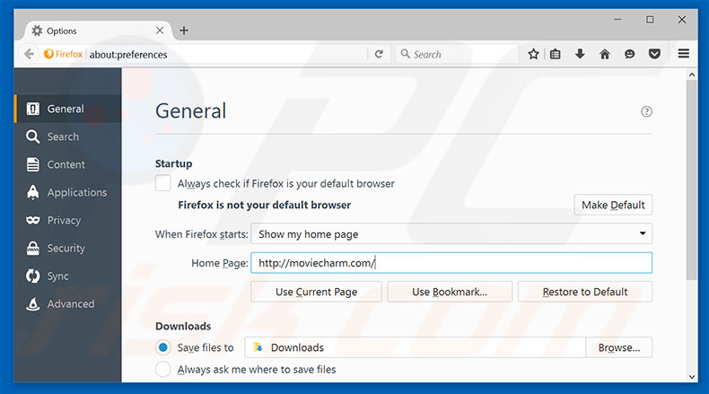 Removing moviecharm.com from Mozilla Firefox homepage