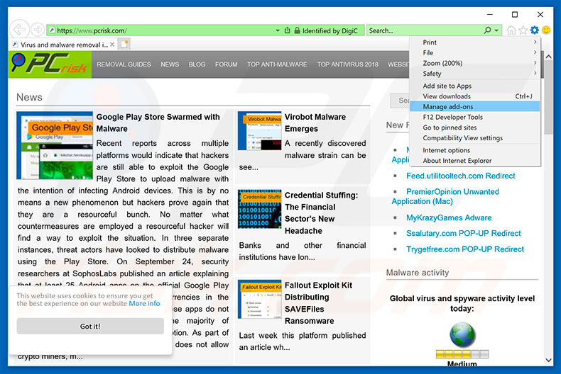 Removing newsupdateunit.info ads from Internet Explorer step 1