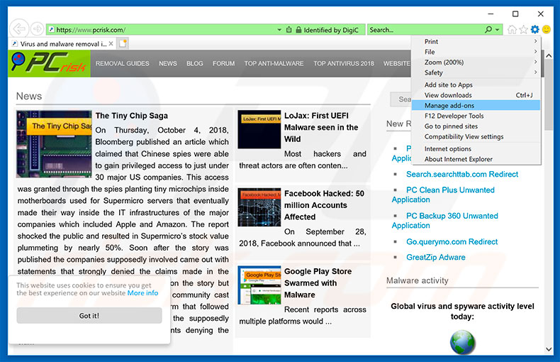 Removing newsupdatewe.info ads from Internet Explorer step 1