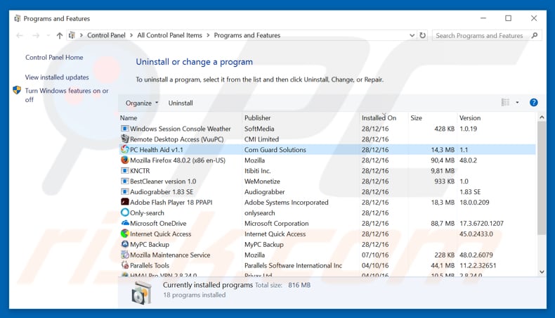 PC Health Aid adware uninstall via Control Panel