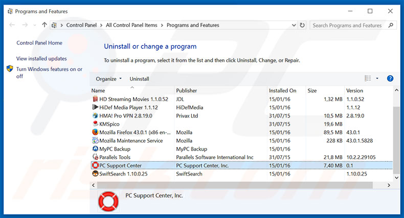 PC Support Center adware uninstall via Control Panel