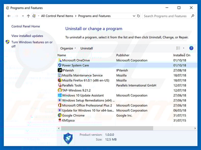 Power System Care adware uninstall via Control Panel