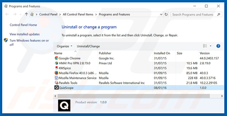 QuizScope adware uninstall via Control Panel