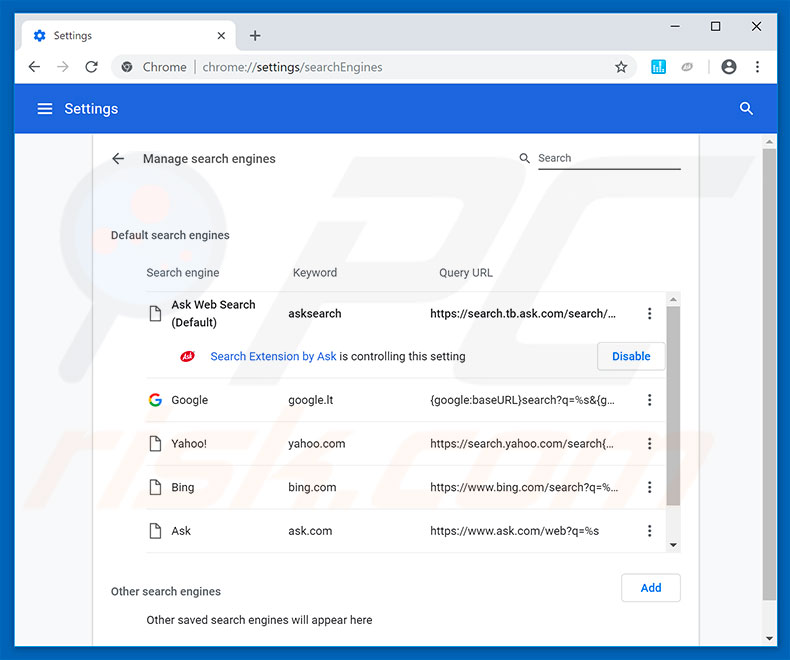 Removing hp.myway.com from Google Chrome default search engine