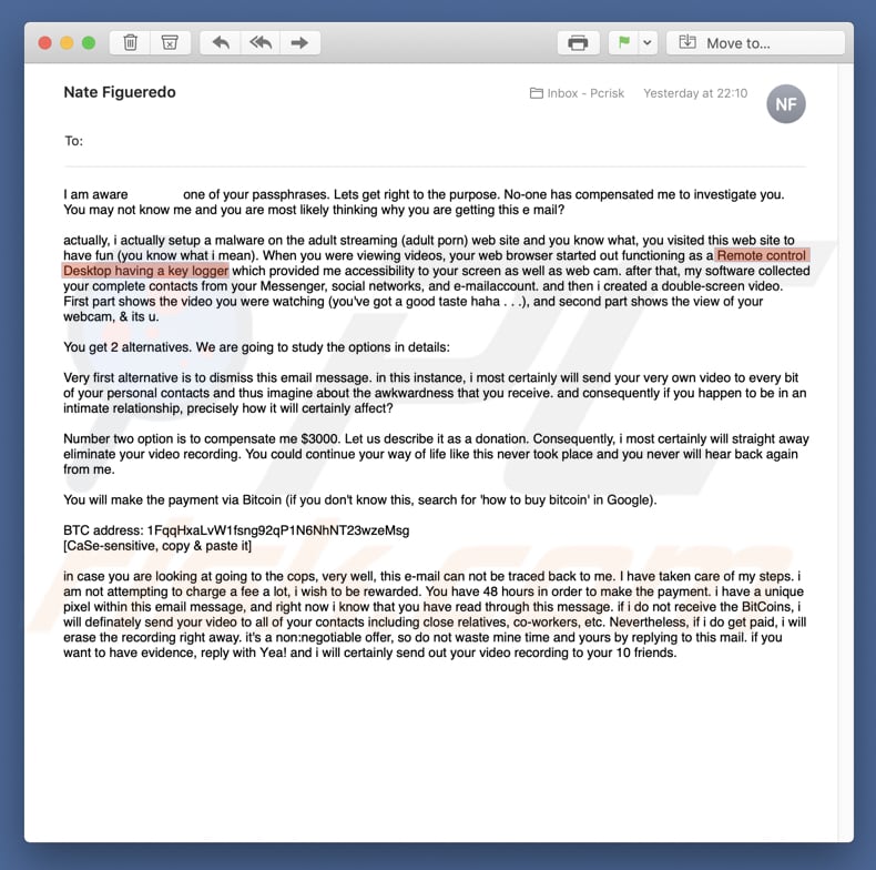 Remote control Desktop with a key logger Email Scam malware