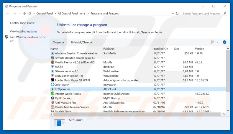 REOptimizer adware uninstall via Control Panel