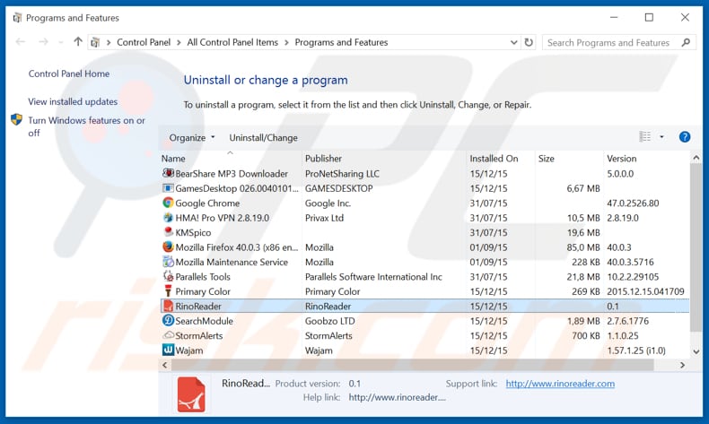 RinoReader adware uninstall via Control Panel