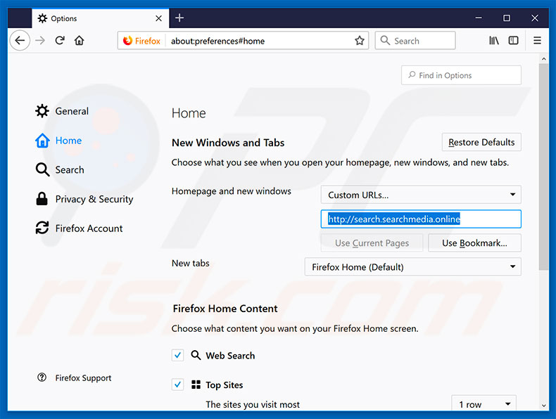 Removing search.searchmedia.online from Mozilla Firefox homepage