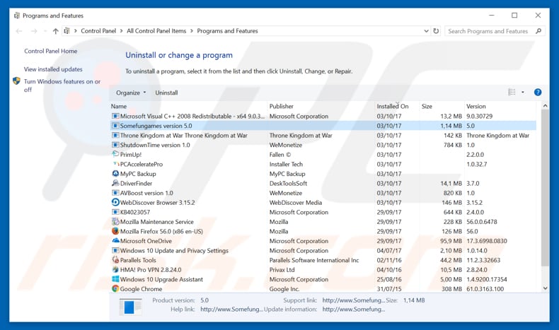 Somefungames adware uninstall via Control Panel