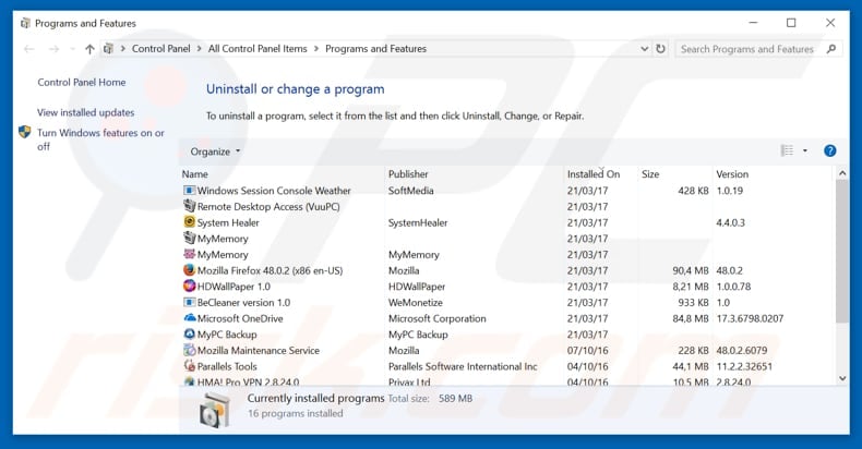 Speed Dial adware uninstall via Control Panel