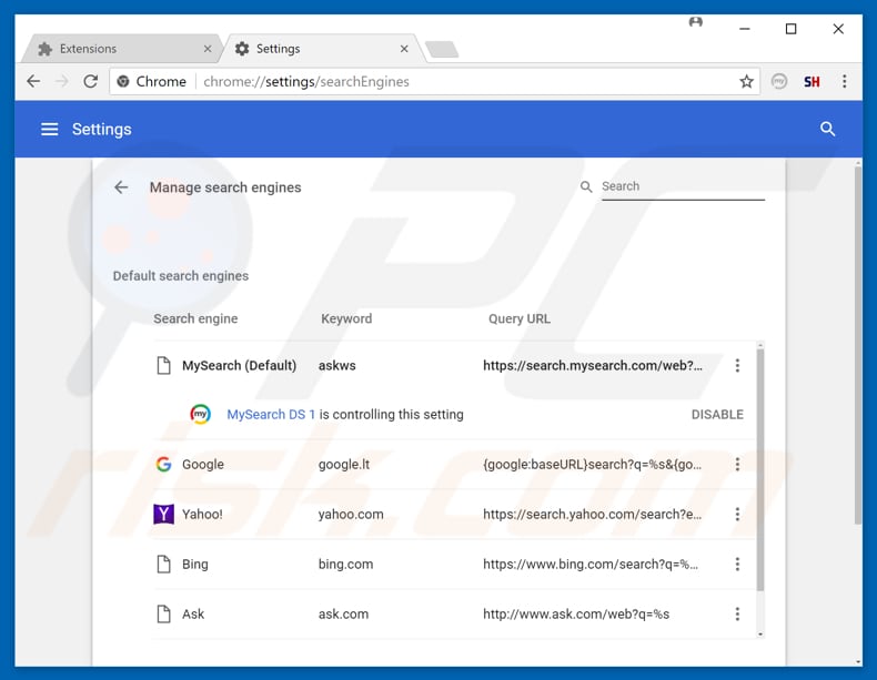 Removing hp.myway.com from Google Chrome default search engine