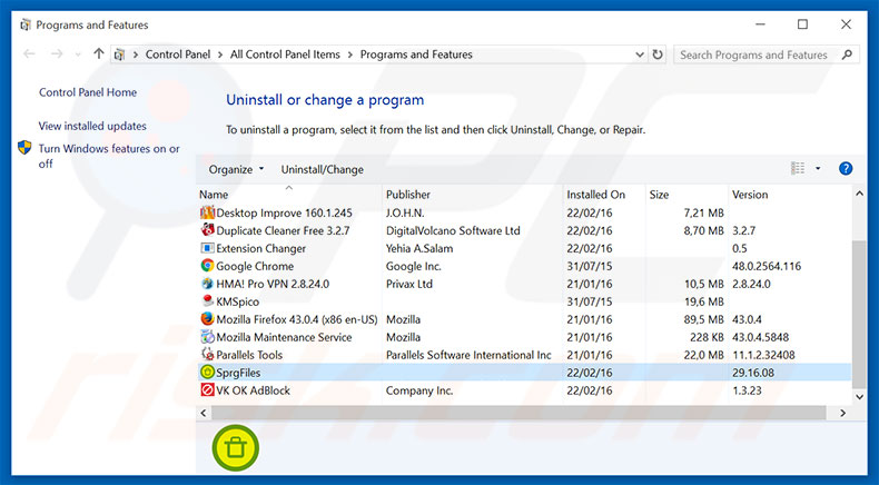 SpringFiles adware uninstall via Control Panel