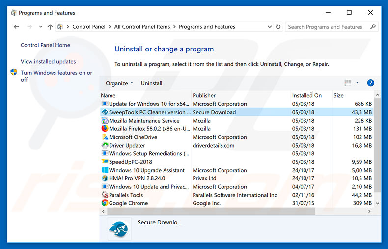 SweepTools PC Cleaner adware uninstall via Control Panel