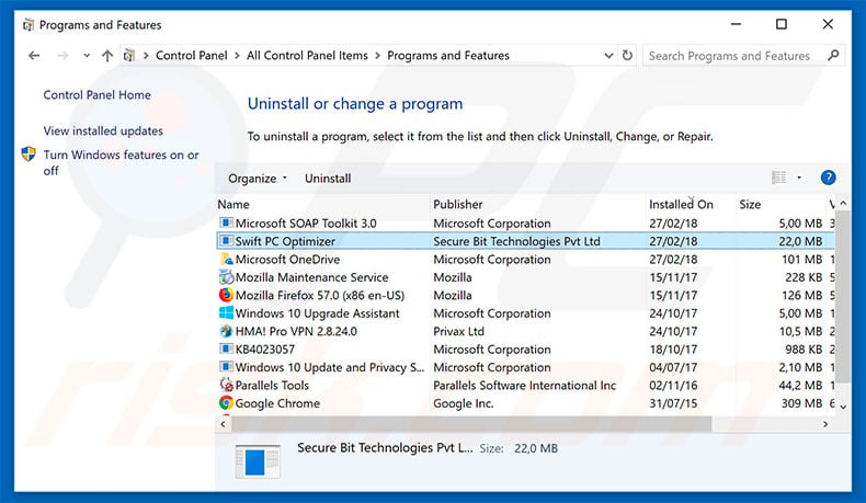 Swift PC Optimizer adware uninstall via Control Panel