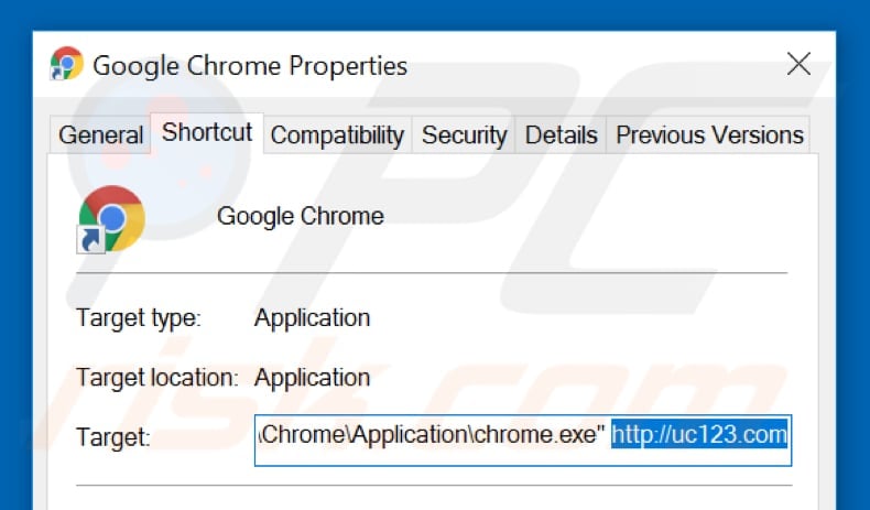 Removing uc123.com from Google Chrome shortcut target step 2