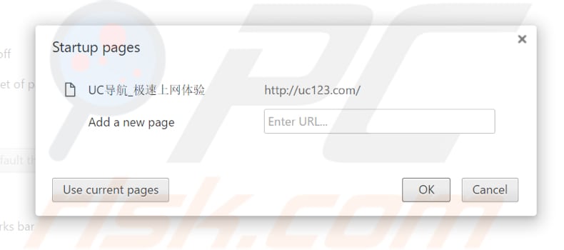 Removing uc123.com from Google Chrome homepage