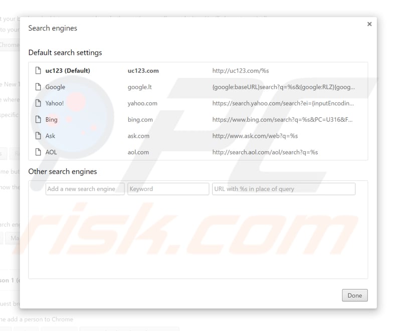 Removing uc123.com from Google Chrome default search engine
