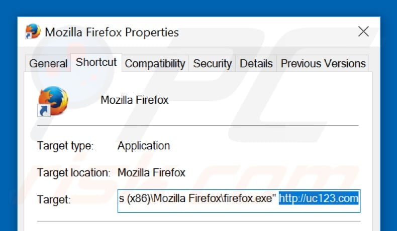 Removing uc123.com from Mozilla Firefox shortcut target step 2