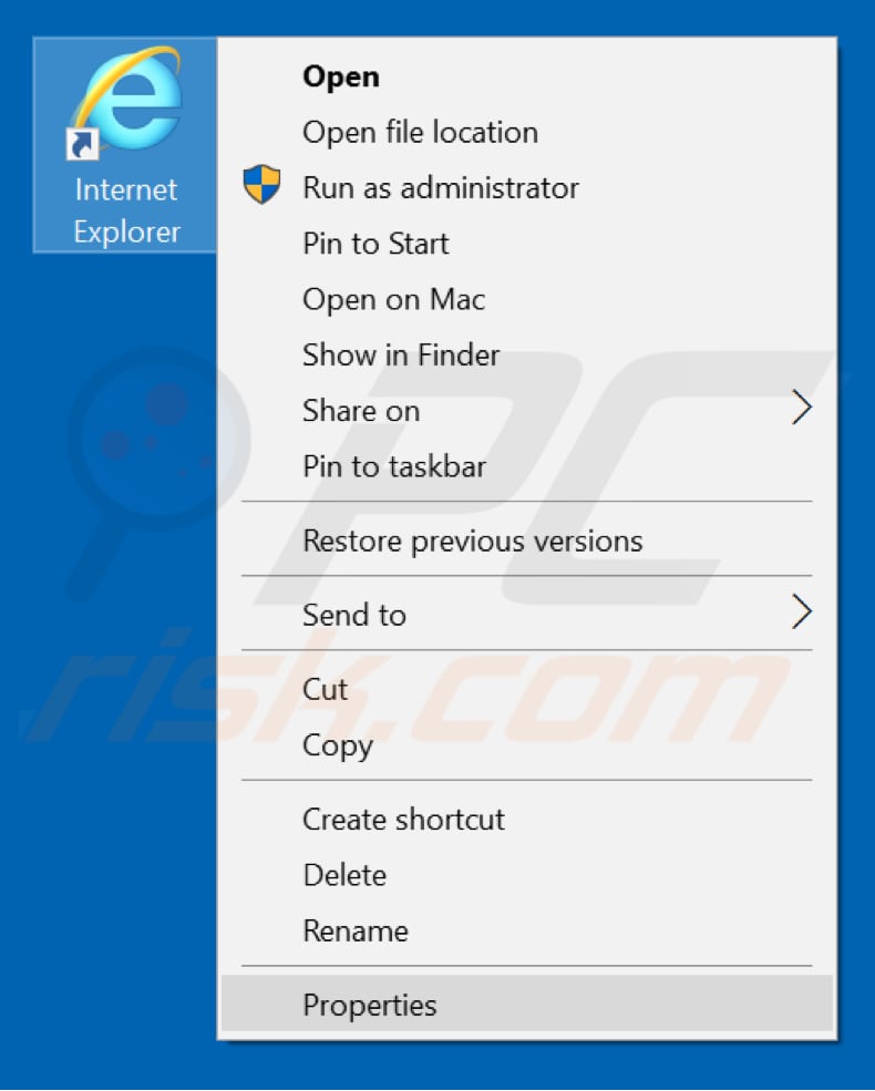 Removing uc123.com from Internet Explorer shortcut target step 1