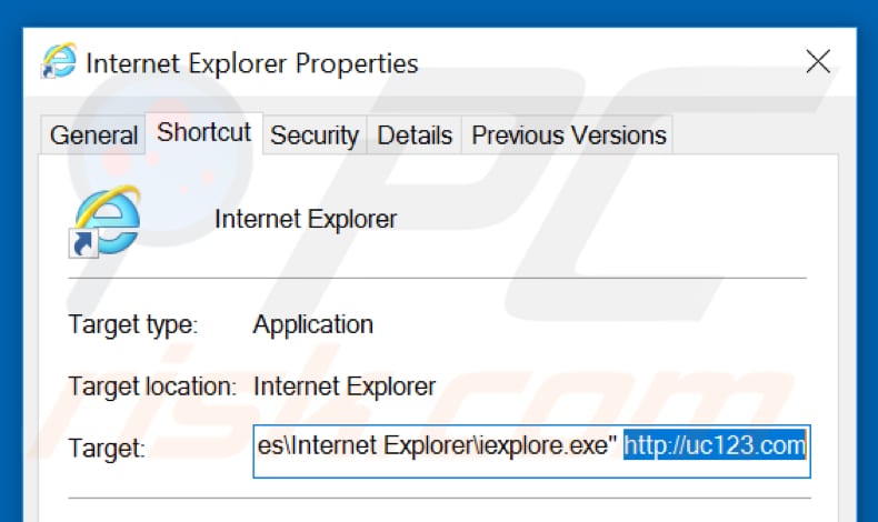 Removing uc123.com from Internet Explorer shortcut target step 2