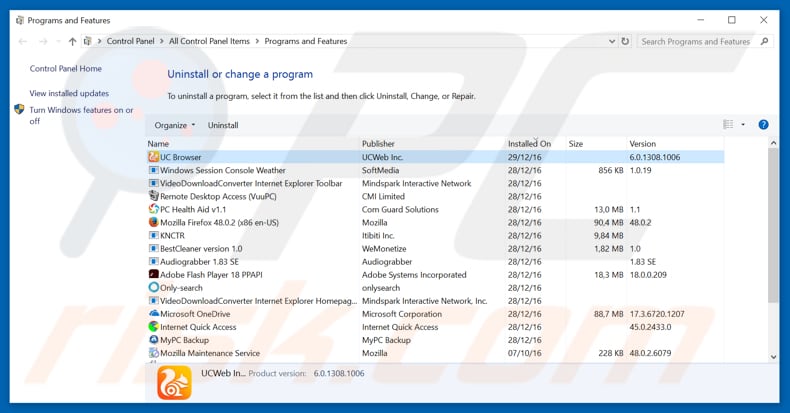 uc123.com browser hijacker uninstall via Control Panel