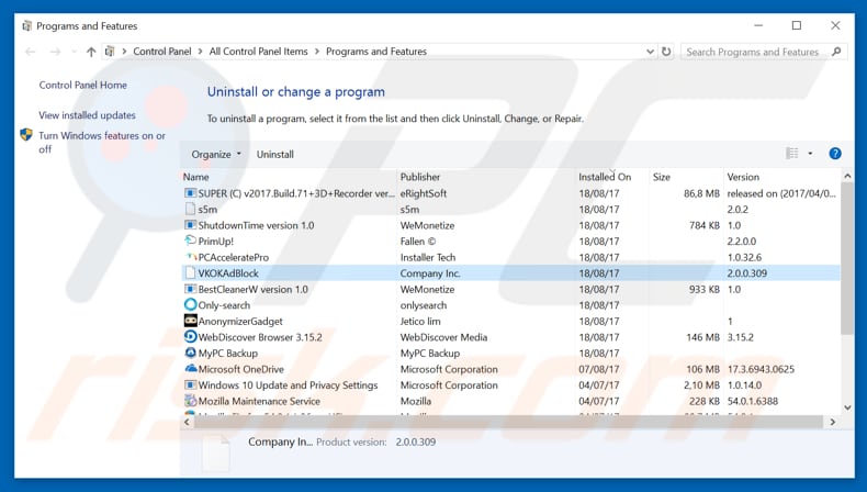 VKOKAdBlock adware uninstall via Control Panel