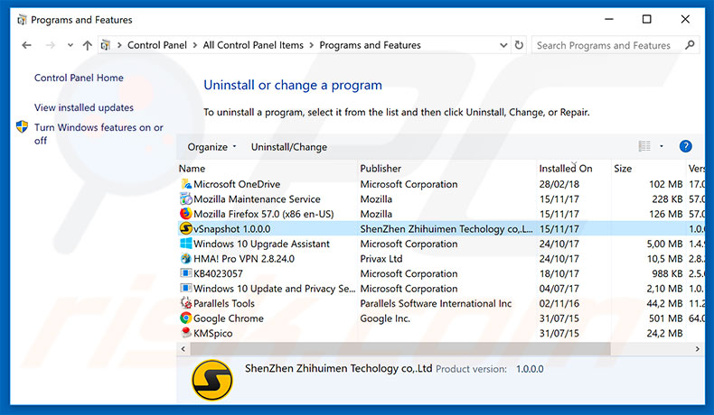 vSnapShot adware uninstall via Control Panel