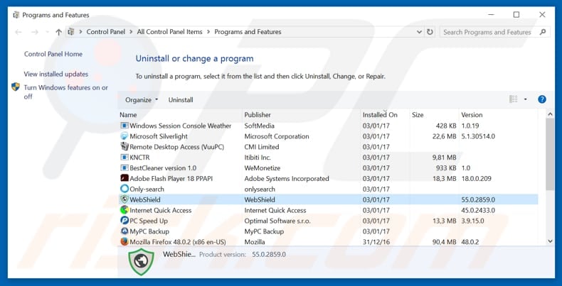 WebShield adware uninstall via Control Panel