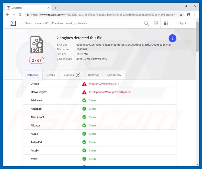 winzip driver updater detections