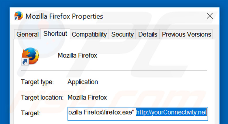 Removing yourconnectivity.net from Mozilla Firefox shortcut target step 2