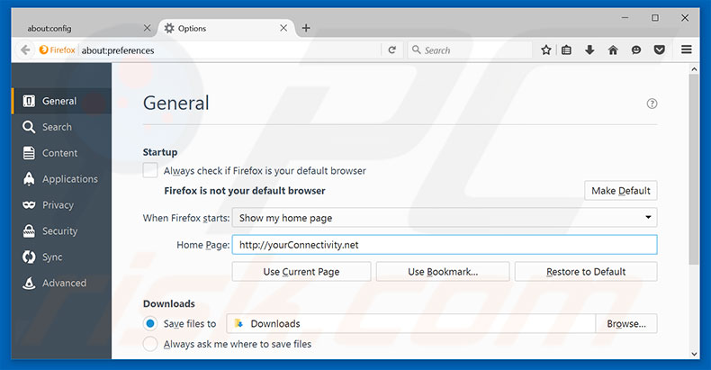 Removing yourconnectivity.net from Mozilla Firefox homepage