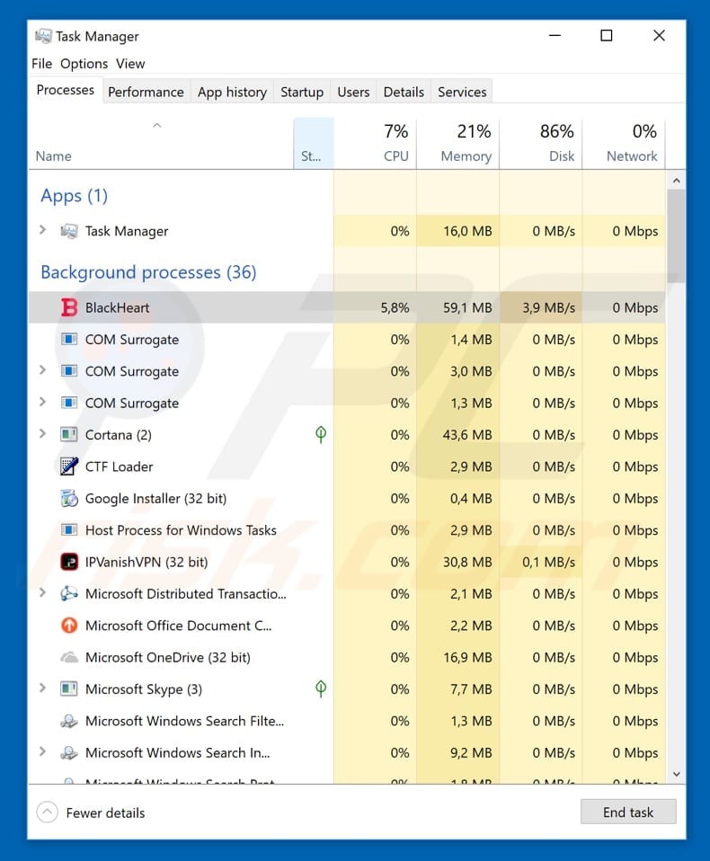 Maria ransomwares process in WIndows Task Manager