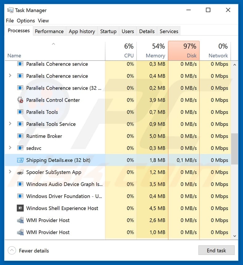 malicious Shipping Details.exe process in Task Manager 