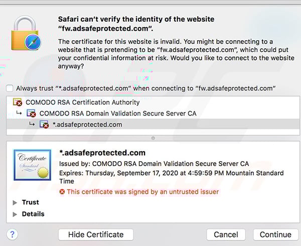 Safari can't verify the identity of the website fw.adsafeprotected.com error details