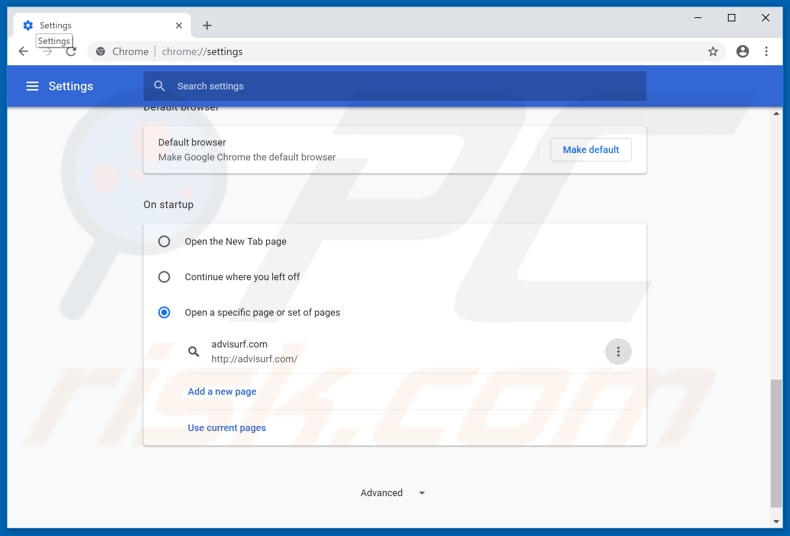 Removing advisurf.com from Google Chrome homepage