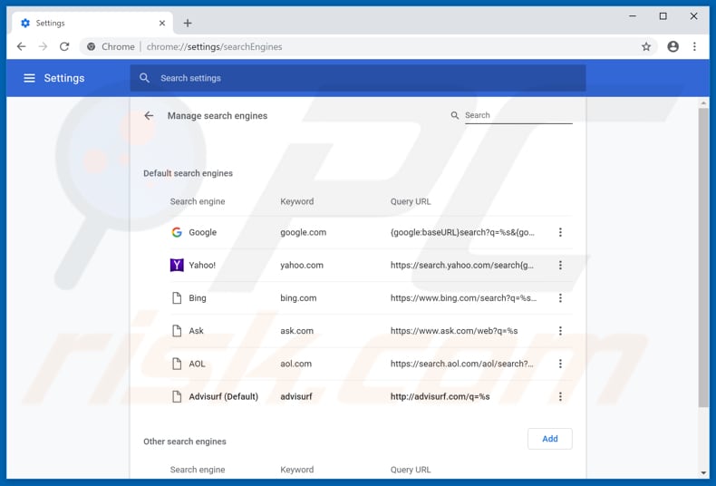 Removing advisurf.com from Google Chrome default search engine