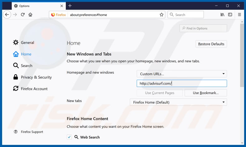Removing advisurf.com from Mozilla Firefox homepage