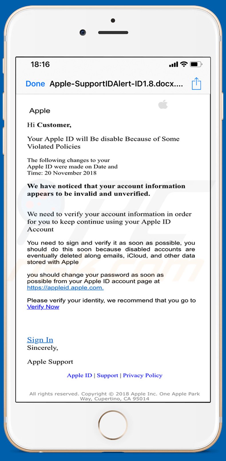 Apple Email Virus phishing campaign (sample 2)