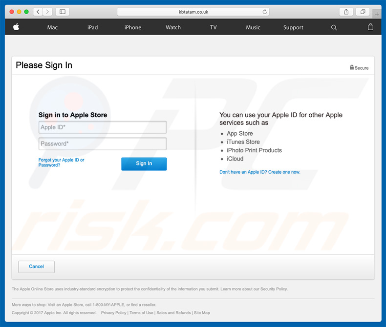 Apple Email Virus fake Apple website asking to enter account credentials