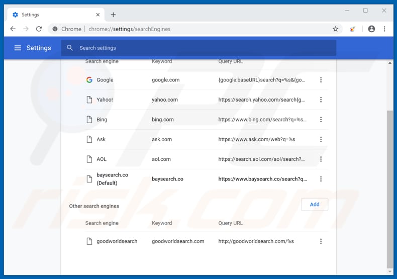 Removing baysearch.co from Google Chrome default search engine