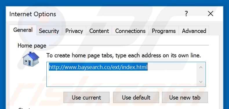 Removing baysearch.co from Internet Explorer homepage