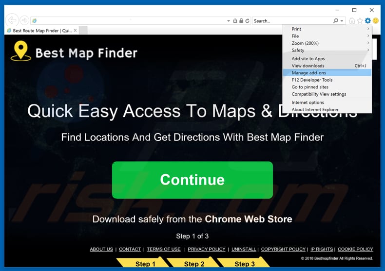 Removing BestMapFinder ads from Internet Explorer step 1