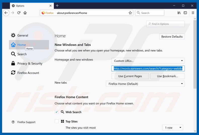 Removing eanswers.com from Mozilla Firefox homepage
