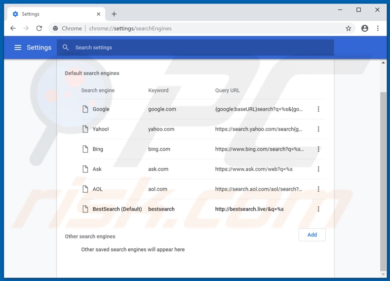 Removing bestsearch.live from Google Chrome default search engine
