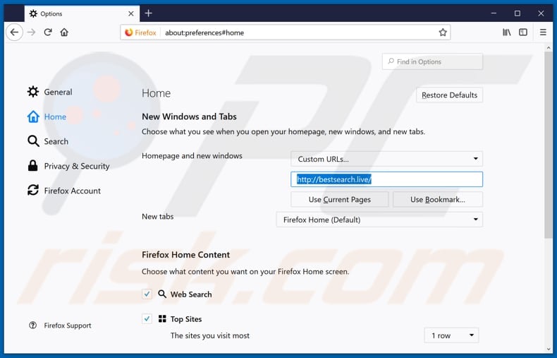 Removing bestsearch.live from Mozilla Firefox homepage
