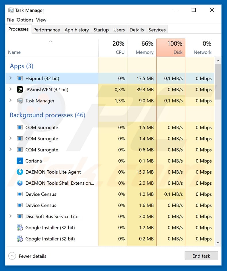 Bizer malicious process Hsipmul in Task Manager