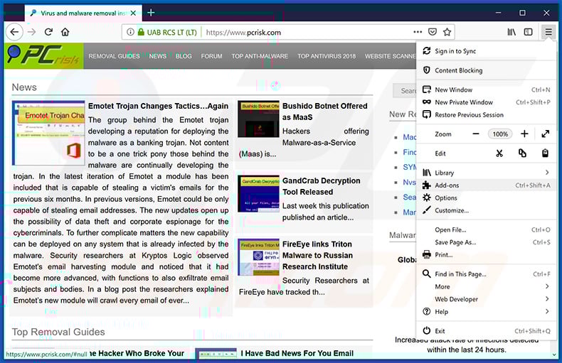 Removing click.dialog.support ads from Mozilla Firefox step 1