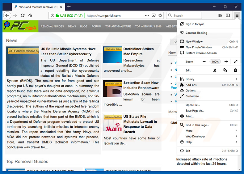 Removing click.newsfeed.support ads from Mozilla Firefox step 1